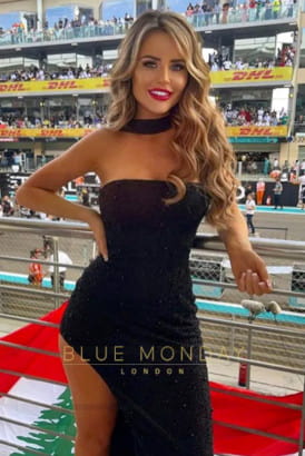 F1 grid girl in the stands of an F1 circuit in a sexy black dress