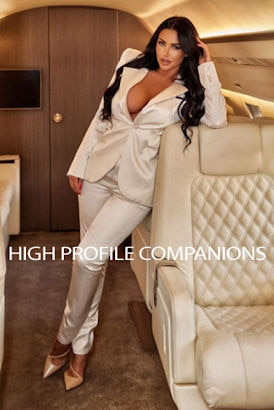 Elegant woman in a silk suit standing in a private jet